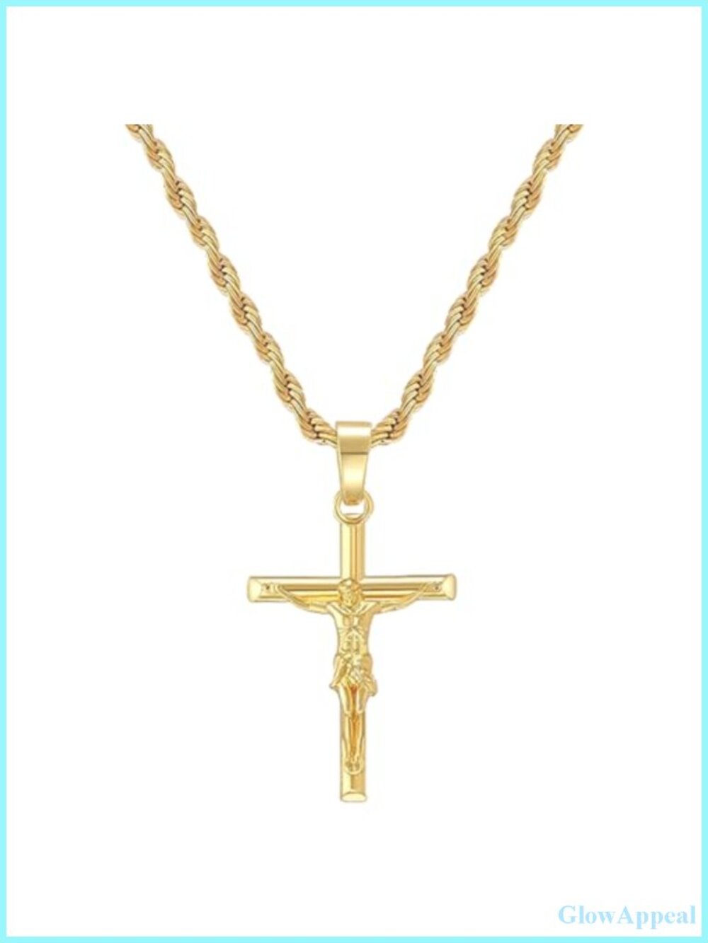 18K Gold Plated Cross Pendant 22" Rope Chain Catholic Jesus Necklace